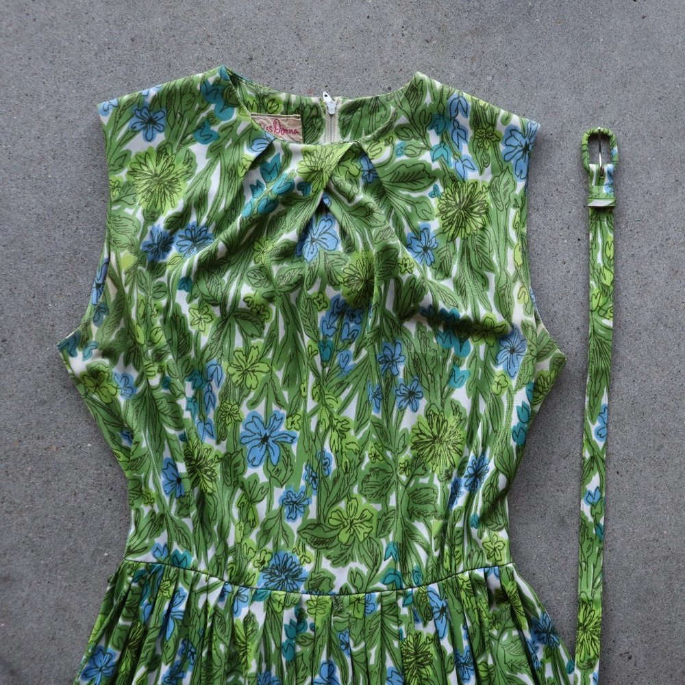 1960s Vintage Fit Flare Grn Summer Dress - Picture 1 of 9